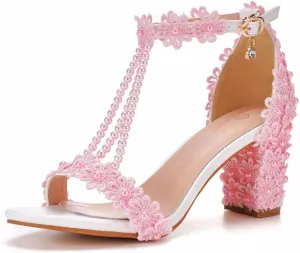 Block Heel Wedding Shoes for Bride Women Chunky Heeled Sandals Lace Beaded Bridal Shoes High heels