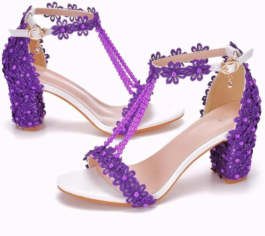 Block Heel Wedding Shoes for Bride Women Chunky Heeled Sandals Lace Beaded Bridal Shoes High heels