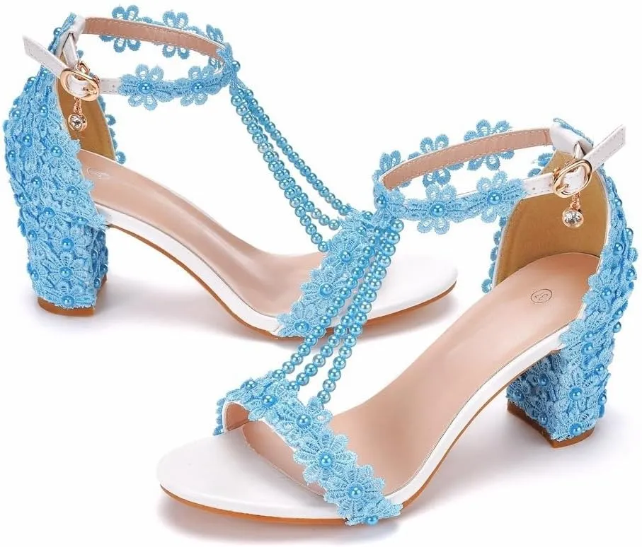 Block Heel Wedding Shoes for Bride Women Chunky Heeled Sandals Lace Beaded Bridal Shoes High heels