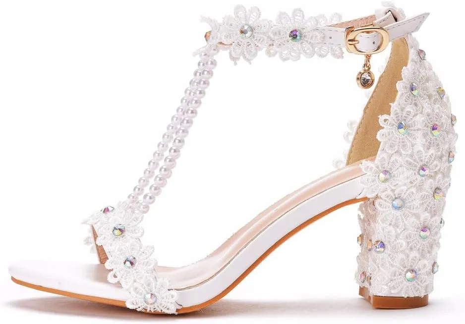 Block Heel Wedding Shoes for Bride Women Chunky Heeled Sandals Lace Beaded Bridal Shoes High heels