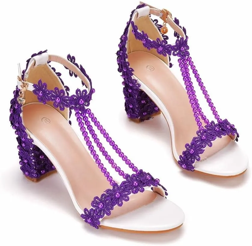 Block Heel Wedding Shoes for Bride Women Chunky Heeled Sandals Lace Beaded Bridal Shoes High heels