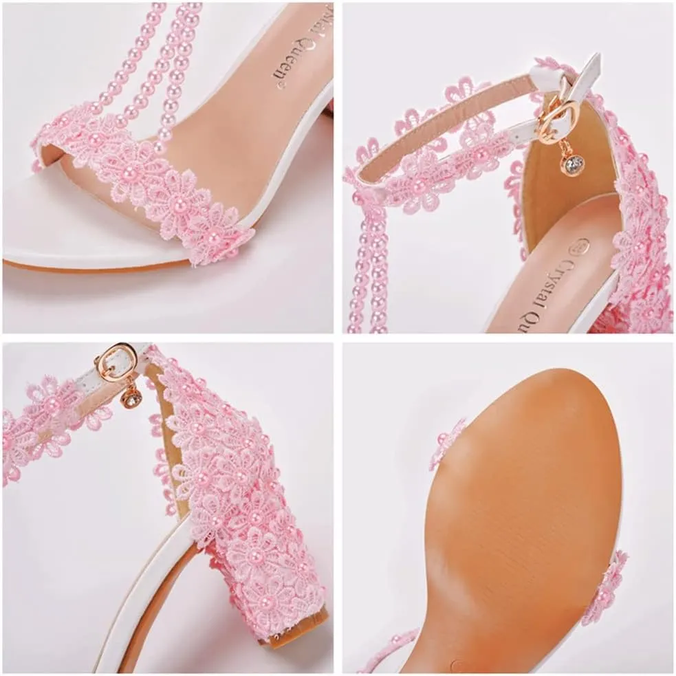 Block Heel Wedding Shoes for Bride Women Chunky Heeled Sandals Lace Beaded Bridal Shoes High heels