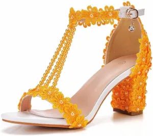 Block Heel Wedding Shoes for Bride Women Chunky Heeled Sandals Lace Beaded Bridal Shoes High heels