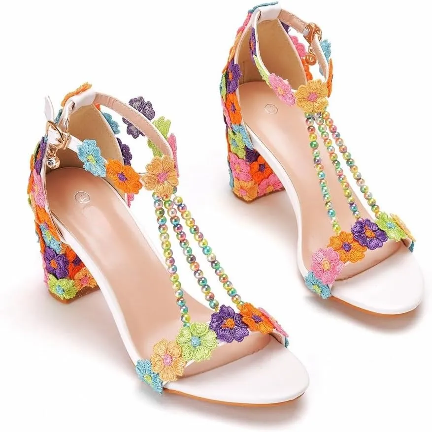 Block Heel Wedding Shoes for Bride Women Chunky Heeled Sandals Lace Beaded Bridal Shoes High heels