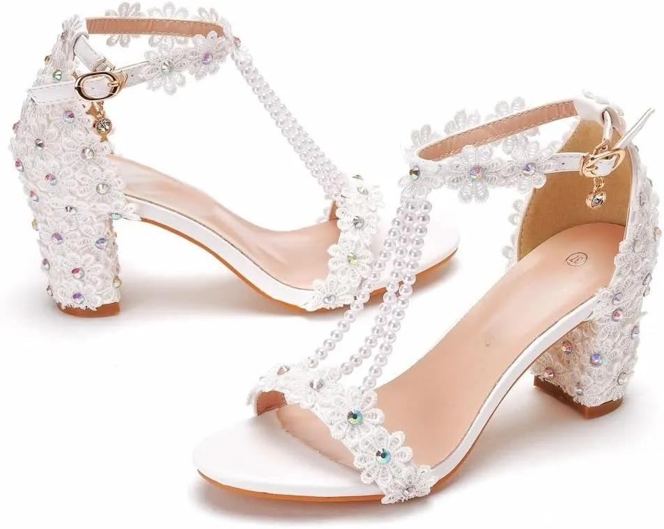 Block Heel Wedding Shoes for Bride Women Chunky Heeled Sandals Lace Beaded Bridal Shoes High heels