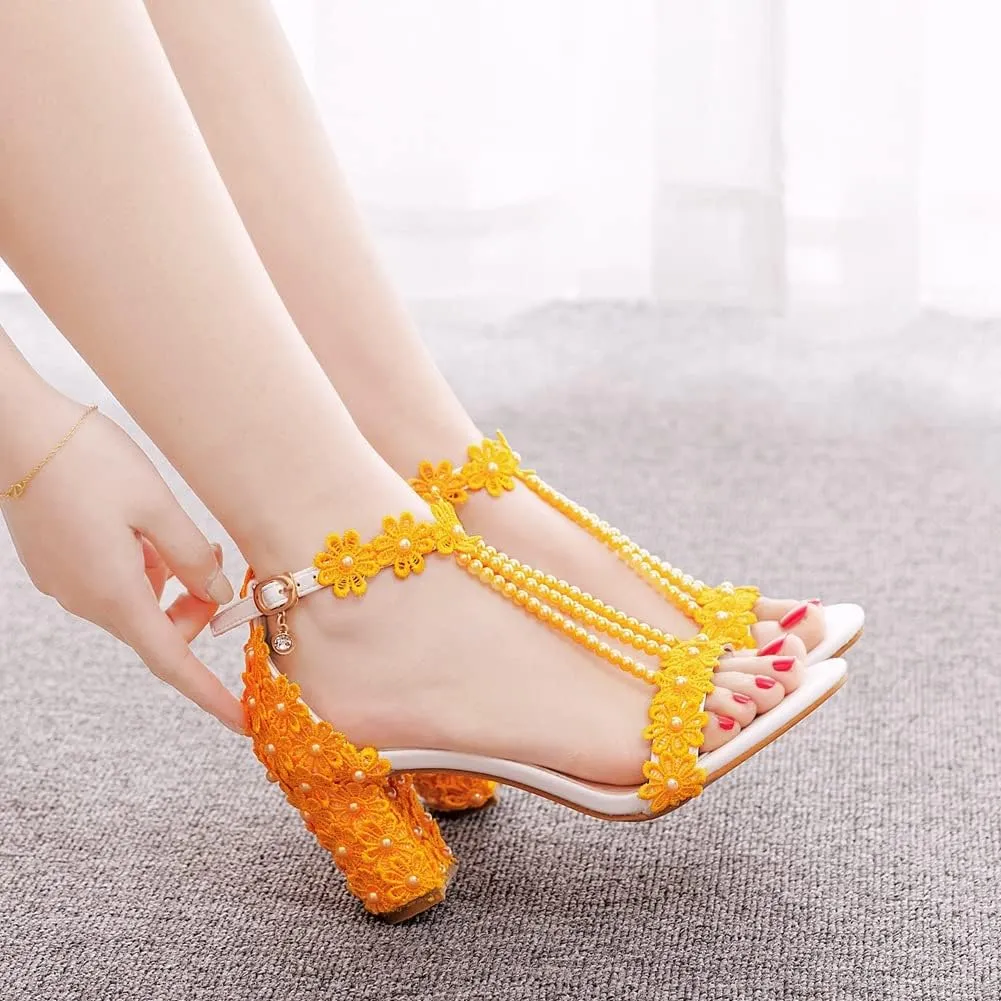 Block Heel Wedding Shoes for Bride Women Chunky Heeled Sandals Lace Beaded Bridal Shoes High heels