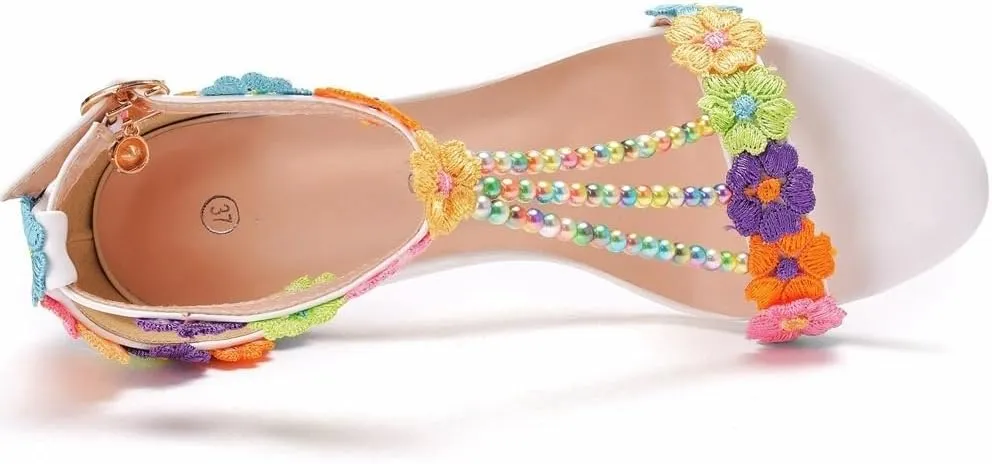 Block Heel Wedding Shoes for Bride Women Chunky Heeled Sandals Lace Beaded Bridal Shoes High heels
