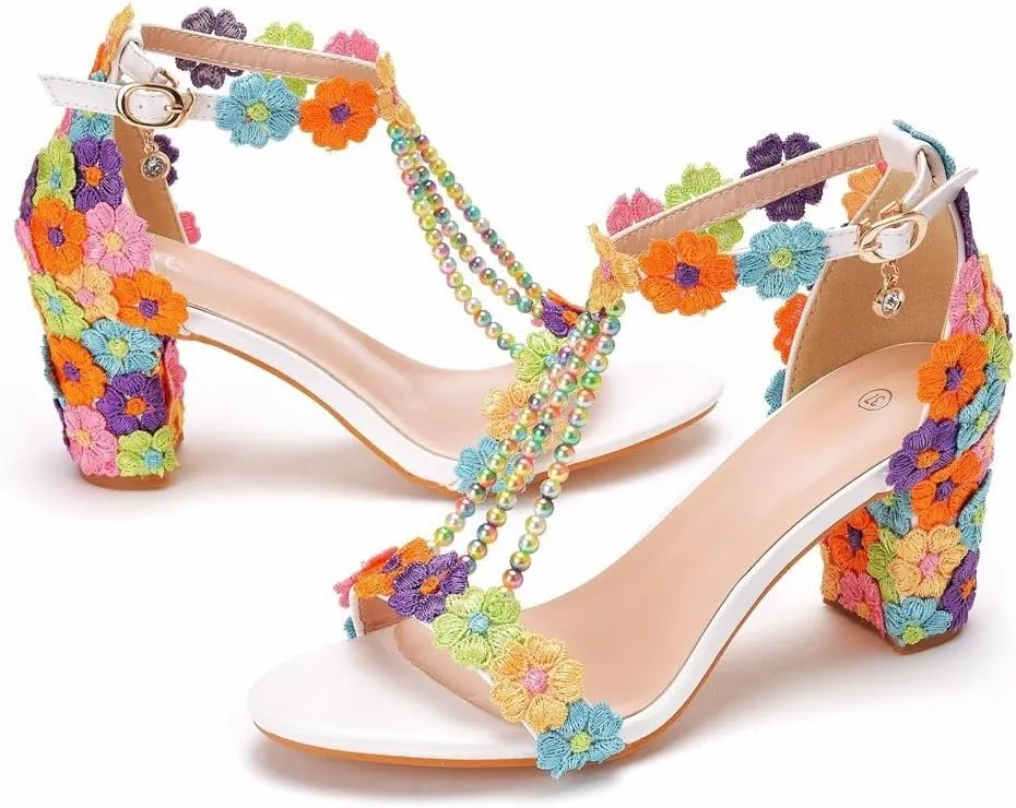 Block Heel Wedding Shoes for Bride Women Chunky Heeled Sandals Lace Beaded Bridal Shoes High heels