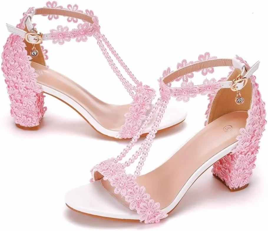 Block Heel Wedding Shoes for Bride Women Chunky Heeled Sandals Lace Beaded Bridal Shoes High heels