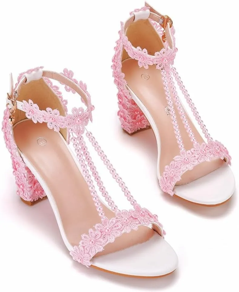Block Heel Wedding Shoes for Bride Women Chunky Heeled Sandals Lace Beaded Bridal Shoes High heels