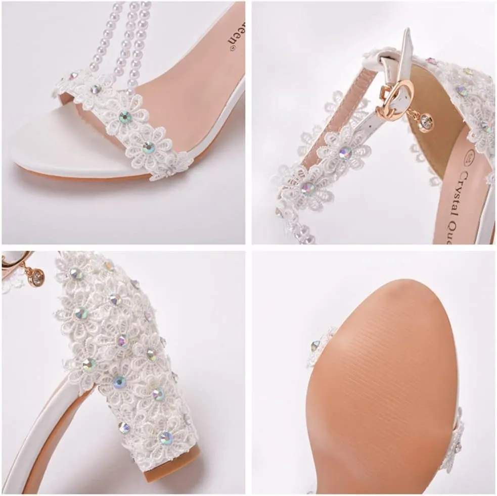 Block Heel Wedding Shoes for Bride Women Chunky Heeled Sandals Lace Beaded Bridal Shoes High heels