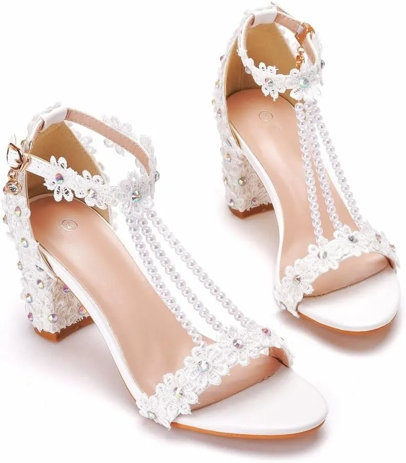 Block Heel Wedding Shoes for Bride Women Chunky Heeled Sandals Lace Beaded Bridal Shoes High heels
