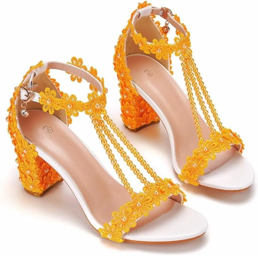Block Heel Wedding Shoes for Bride Women Chunky Heeled Sandals Lace Beaded Bridal Shoes High heels