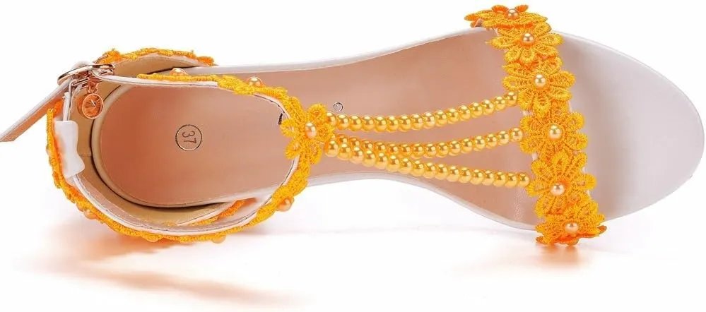 Block Heel Wedding Shoes for Bride Women Chunky Heeled Sandals Lace Beaded Bridal Shoes High heels