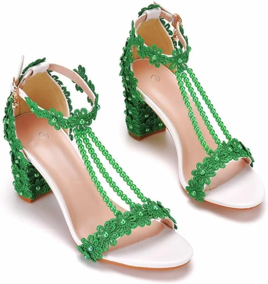 Block Heel Wedding Shoes for Bride Women Chunky Heeled Sandals Lace Beaded Bridal Shoes High heels