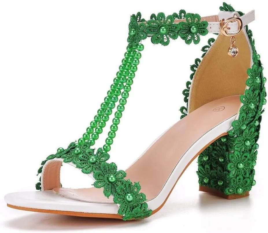 Block Heel Wedding Shoes for Bride Women Chunky Heeled Sandals Lace Beaded Bridal Shoes High heels