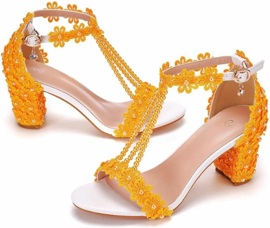 Block Heel Wedding Shoes for Bride Women Chunky Heeled Sandals Lace Beaded Bridal Shoes High heels