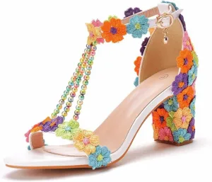 Block Heel Wedding Shoes for Bride Women Chunky Heeled Sandals Lace Beaded Bridal Shoes High heels