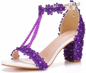 Block Heel Wedding Shoes for Bride Women Chunky Heeled Sandals Lace Beaded Bridal Shoes High heels