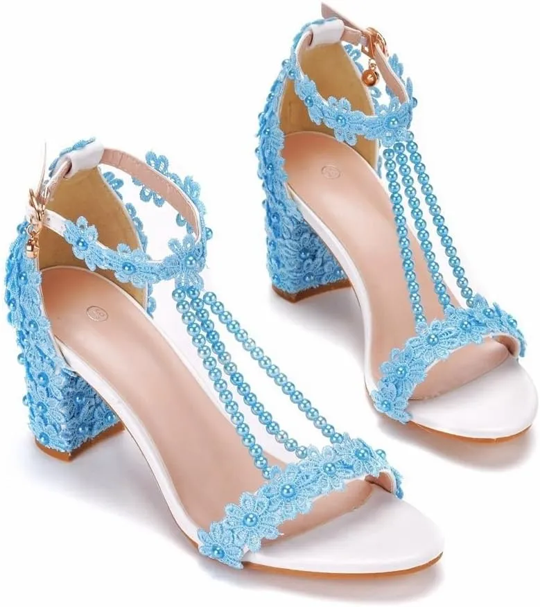 Block Heel Wedding Shoes for Bride Women Chunky Heeled Sandals Lace Beaded Bridal Shoes High heels