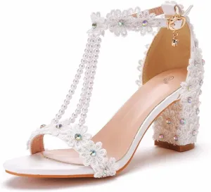 Block Heel Wedding Shoes for Bride Women Chunky Heeled Sandals Lace Beaded Bridal Shoes High heels