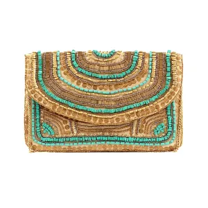 Boho Embellished Turquoise Beaded Clutch Crossbody Bag