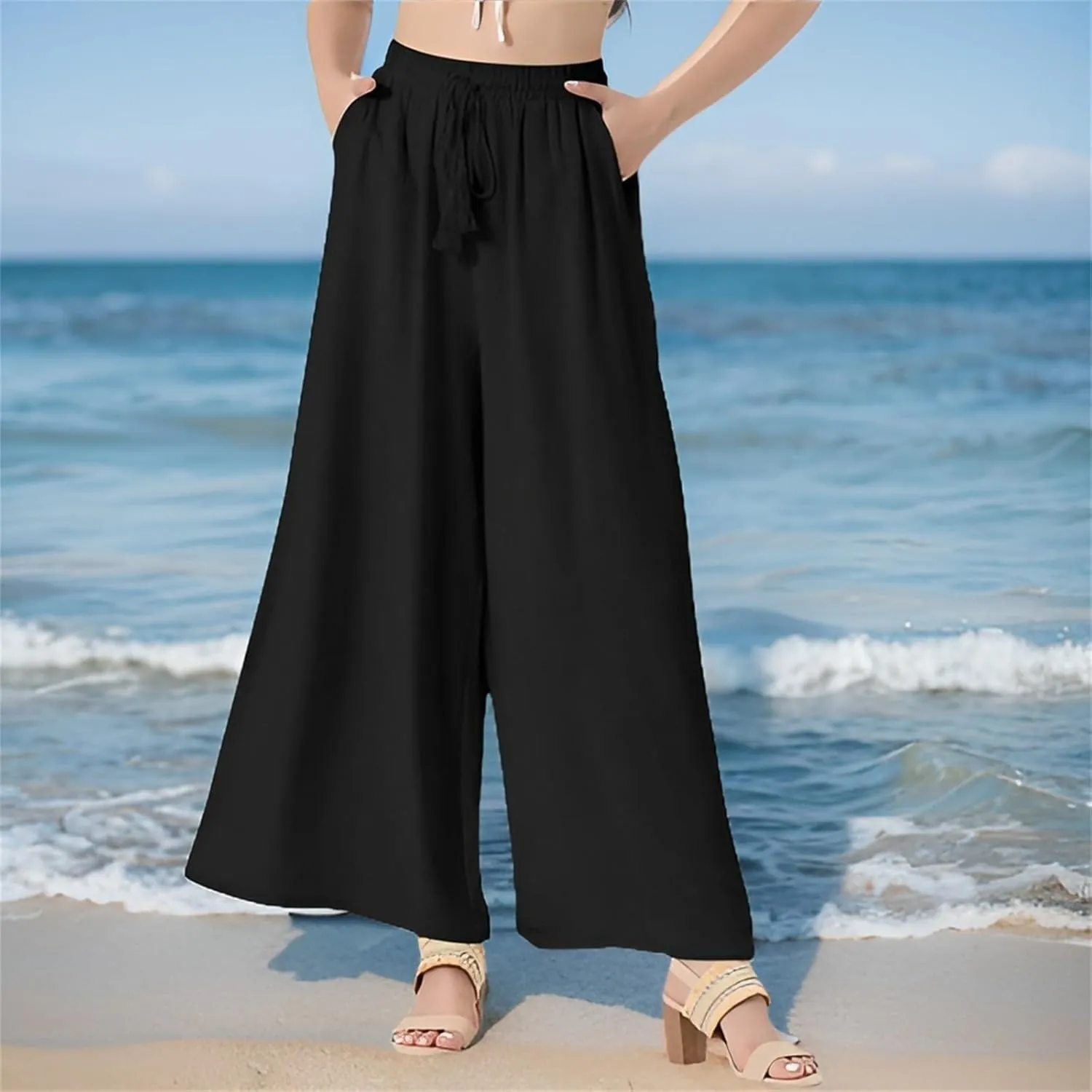 Boho Wide Leg Pants for Women Trendy Summer Vacation Beach Pant Elastic Drawstring High Waisted Flowy Palazzo Pants