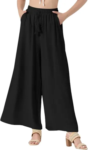 Boho Wide Leg Pants for Women Trendy Summer Vacation Beach Pant Elastic Drawstring High Waisted Flowy Palazzo Pants
