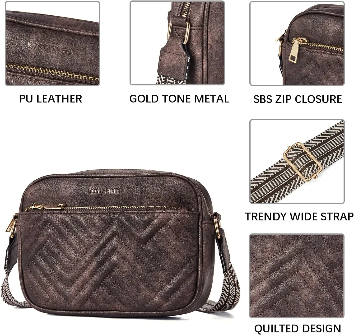 BOSTANTEN Quilted Crossbody Bags for Women Vegan Leather Purses Small Shoulder Handbags with Wide Strap