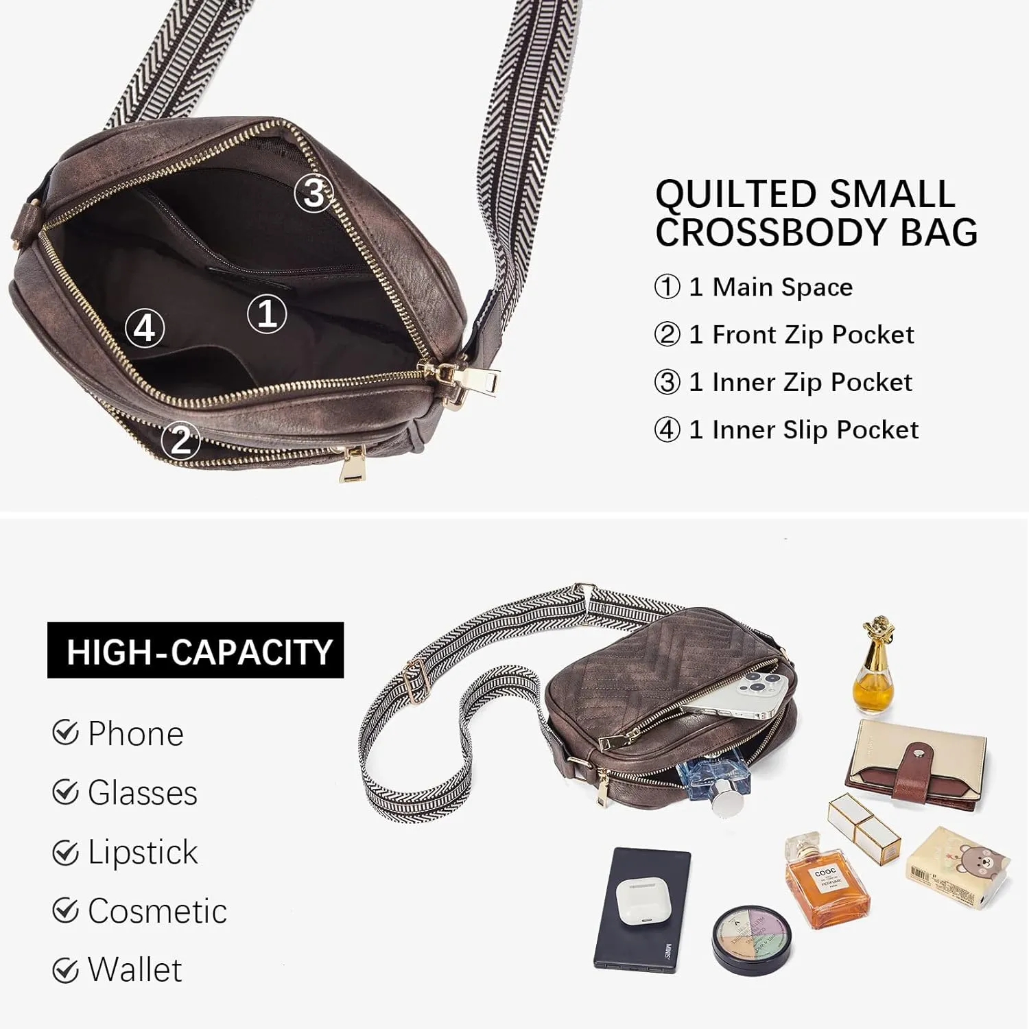 BOSTANTEN Quilted Crossbody Bags for Women Vegan Leather Purses Small Shoulder Handbags with Wide Strap