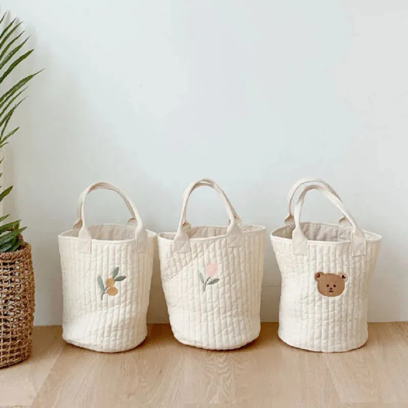 Botique Baby Diaper Bags Bear Embroidery Mommy Bags Cotton Casual Bucket Bag