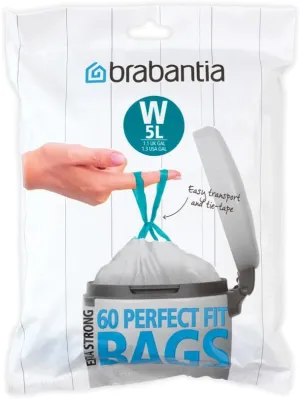 Brabantia IdealFit Bin Liners (Size W/5 Litre) Ideal Quality Thick Plastic Trash Bags with Tie Tape Drawstring Handles (60 Bags)