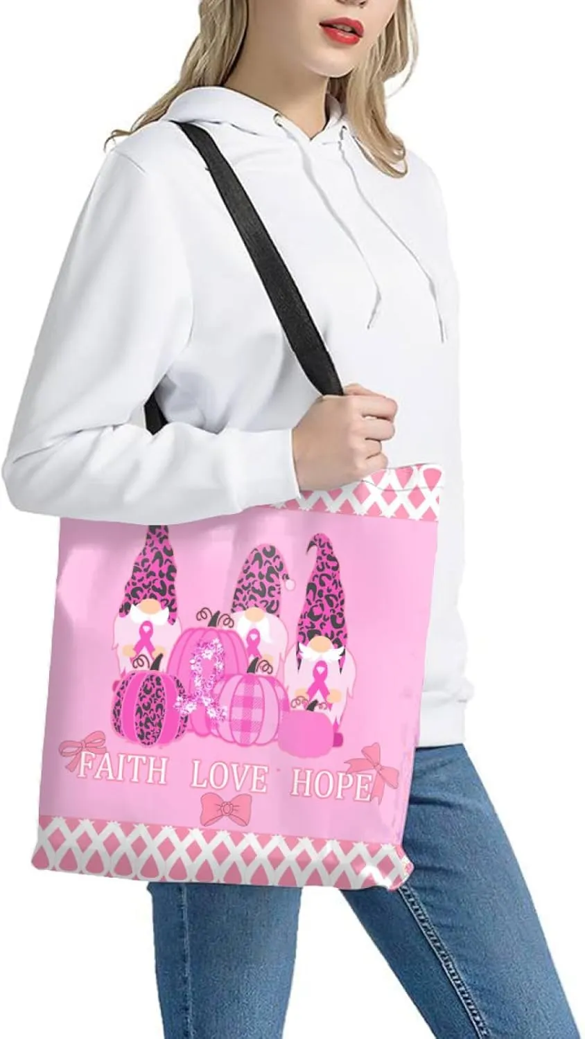 Breast Cancer Gifts For Wome,2Pcs Reusable Breast Cancer Awareness Tote Bag with Pink Ribbon Cosmetic Makeup Travel Bag