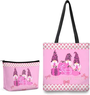Breast Cancer Gifts For Wome,2Pcs Reusable Breast Cancer Awareness Tote Bag with Pink Ribbon Cosmetic Makeup Travel Bag