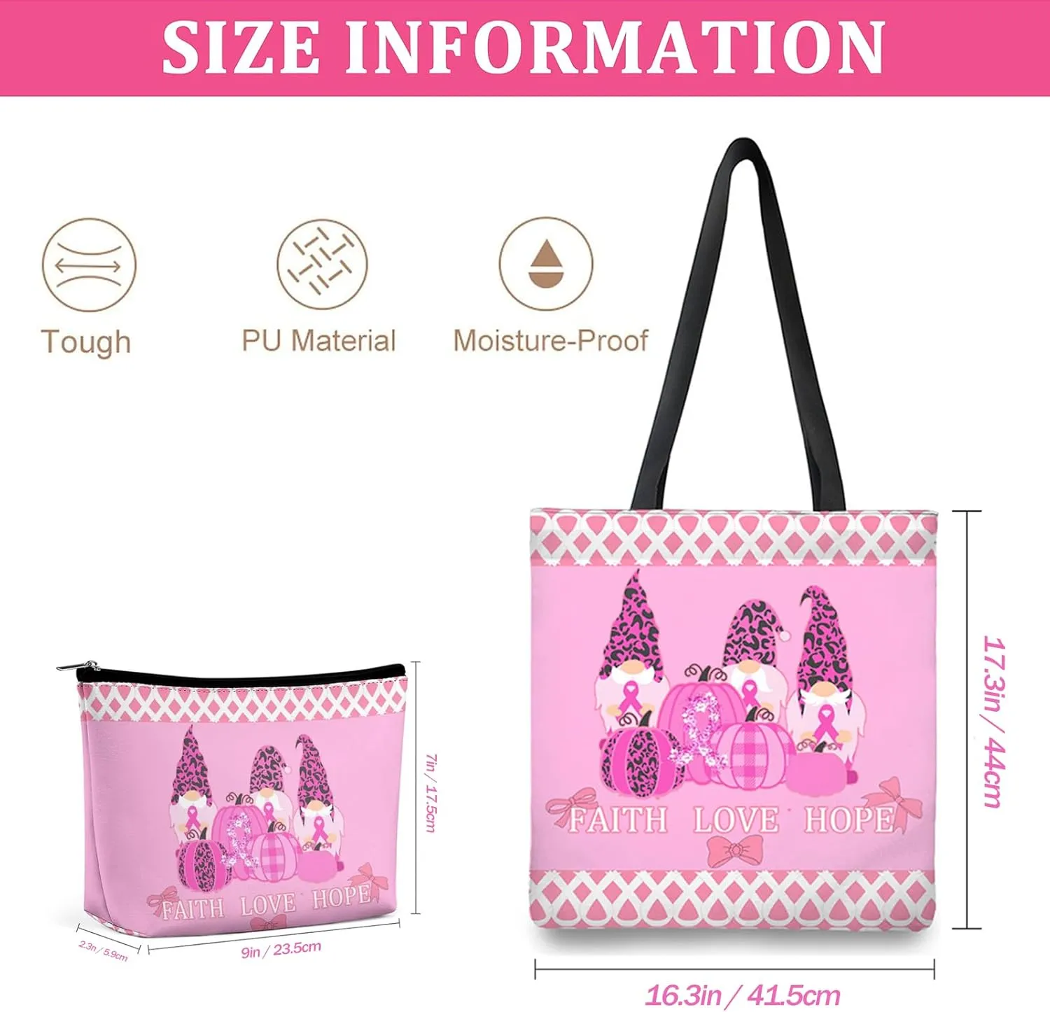Breast Cancer Gifts For Wome,2Pcs Reusable Breast Cancer Awareness Tote Bag with Pink Ribbon Cosmetic Makeup Travel Bag