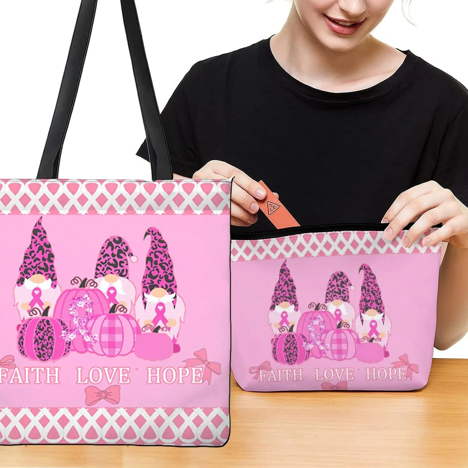 Breast Cancer Gifts For Wome,2Pcs Reusable Breast Cancer Awareness Tote Bag with Pink Ribbon Cosmetic Makeup Travel Bag