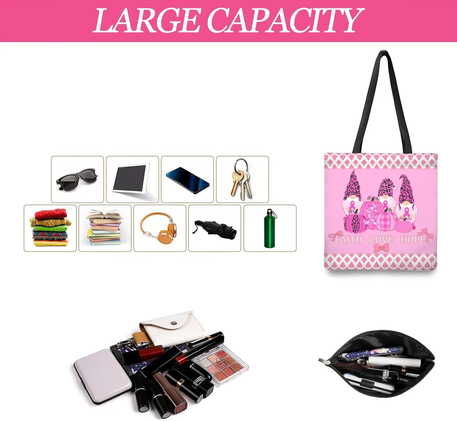 Breast Cancer Gifts For Wome,2Pcs Reusable Breast Cancer Awareness Tote Bag with Pink Ribbon Cosmetic Makeup Travel Bag