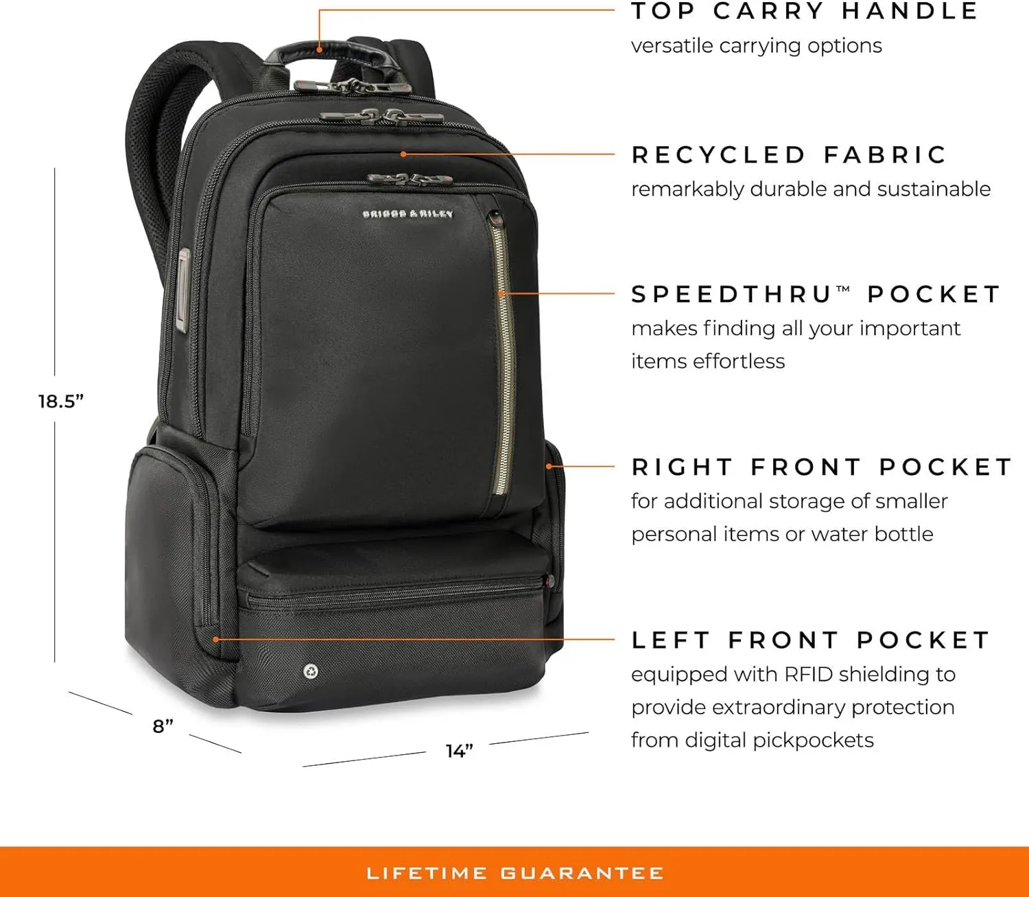 Briggs & Riley Large Cargo Backpack - Carry On Travel Backpack for Women & Men, Personal Item Bag, Self-Repairing Zippers, Padded Straps, Fits up to 17" Laptop - HTA Collection, Black