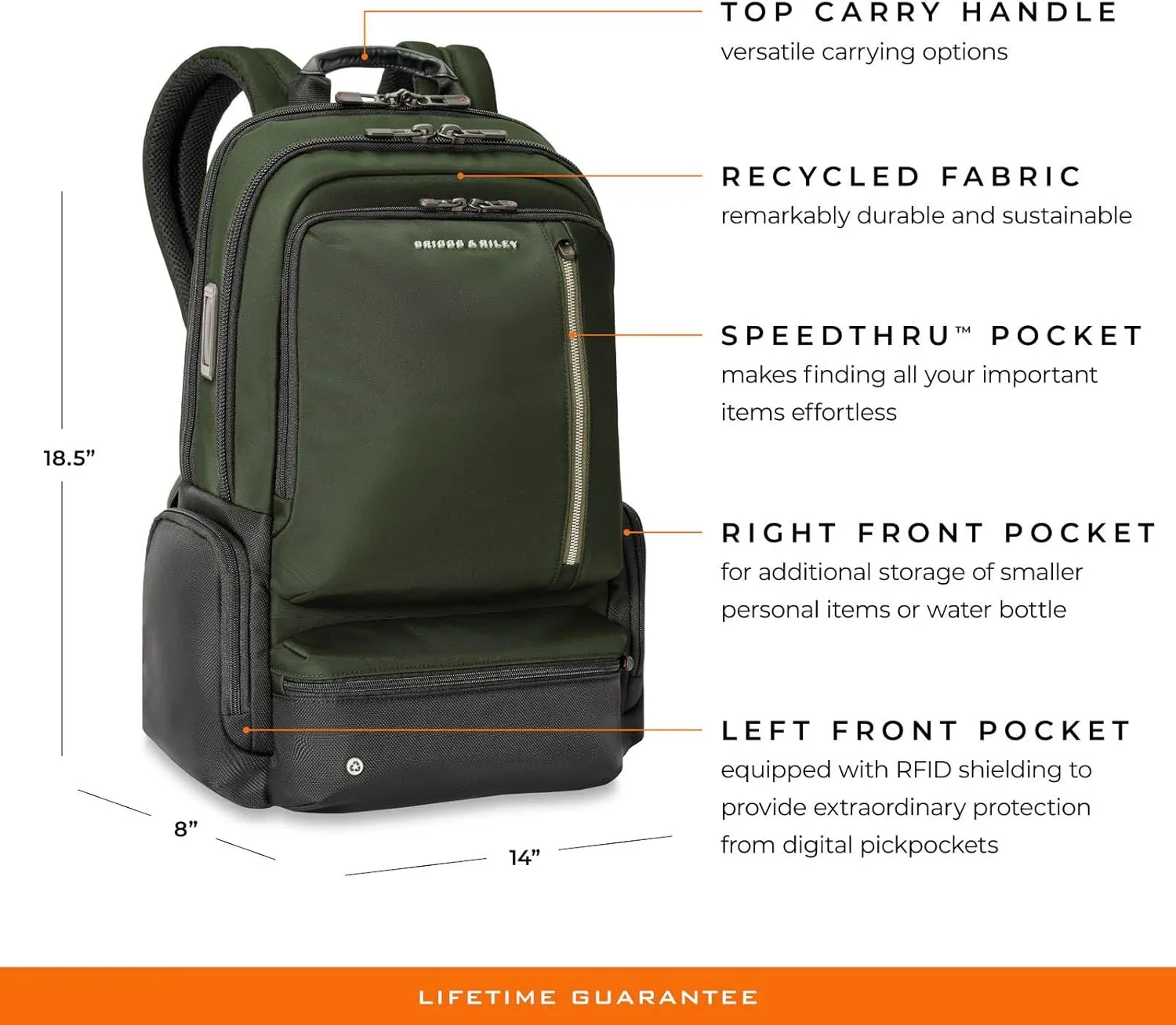 Briggs & Riley Large Cargo Backpack - Carry On Travel Backpack for Women & Men, Personal Item Bag, Self-Repairing Zippers, Padded Straps, Fits up to 17" Laptop - HTA Collection, Forest