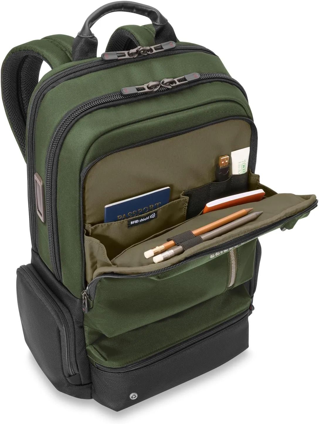 Briggs & Riley Large Cargo Backpack - Carry On Travel Backpack for Women & Men, Personal Item Bag, Self-Repairing Zippers, Padded Straps, Fits up to 17" Laptop - HTA Collection, Forest