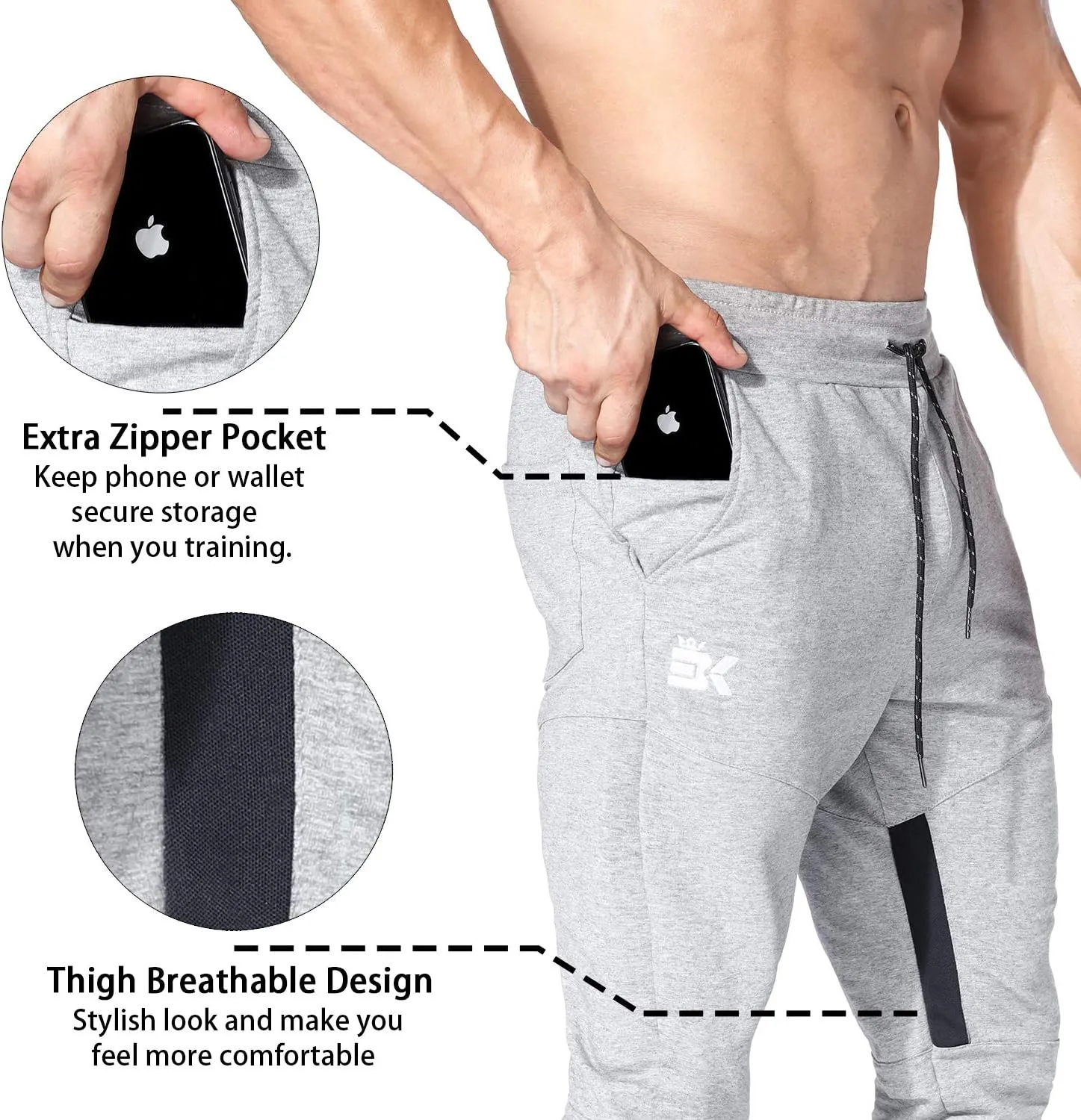 BROKIG Mens Gym Jogger Pants,Casual Slim Workout Sweatpants with Zipper Pockets Bodybuilding Athletic Pants