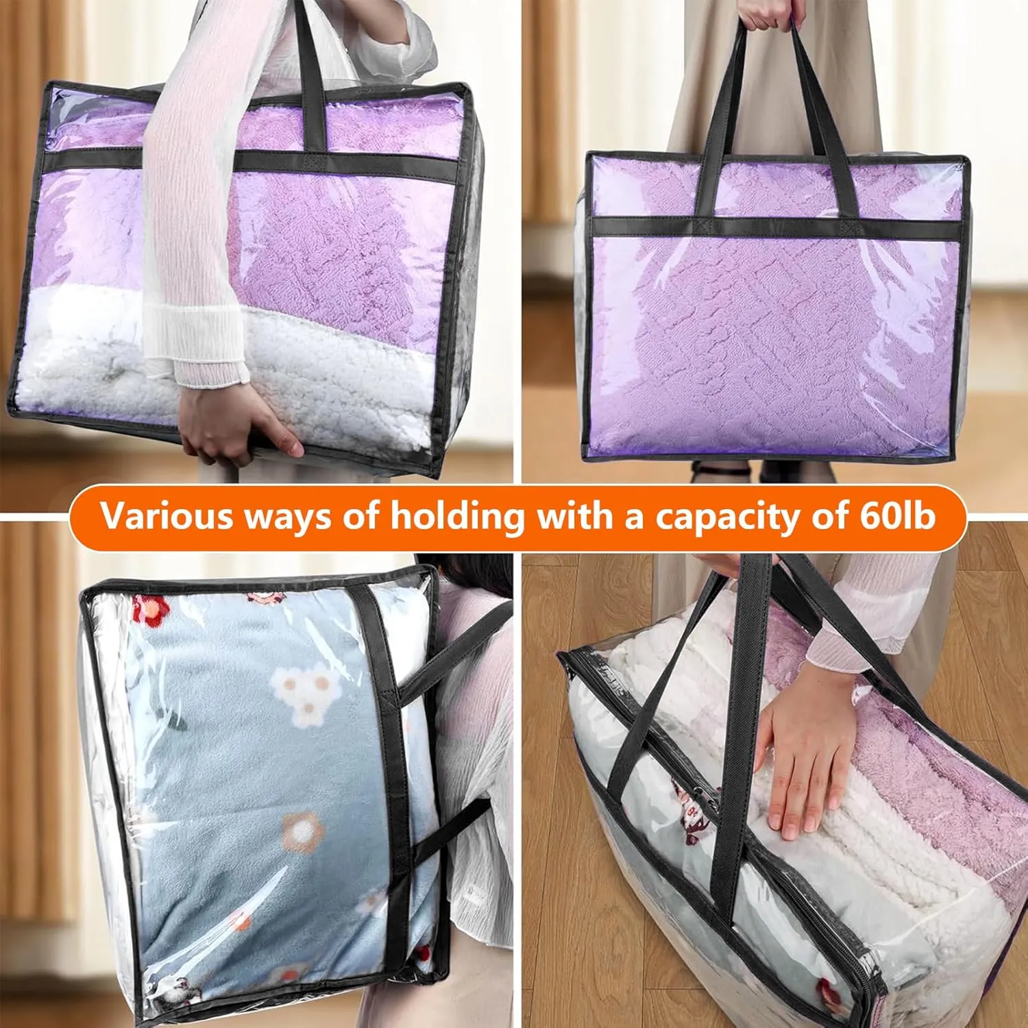 Budding Joy Clear Zippered Storage Bags for Clothes,40L Closet Organizers and Storage Containers Vinyl Moving Bag for Bedding, Linen, Blankets, Comforters, Clothing & Toys, Black, 2 Pack