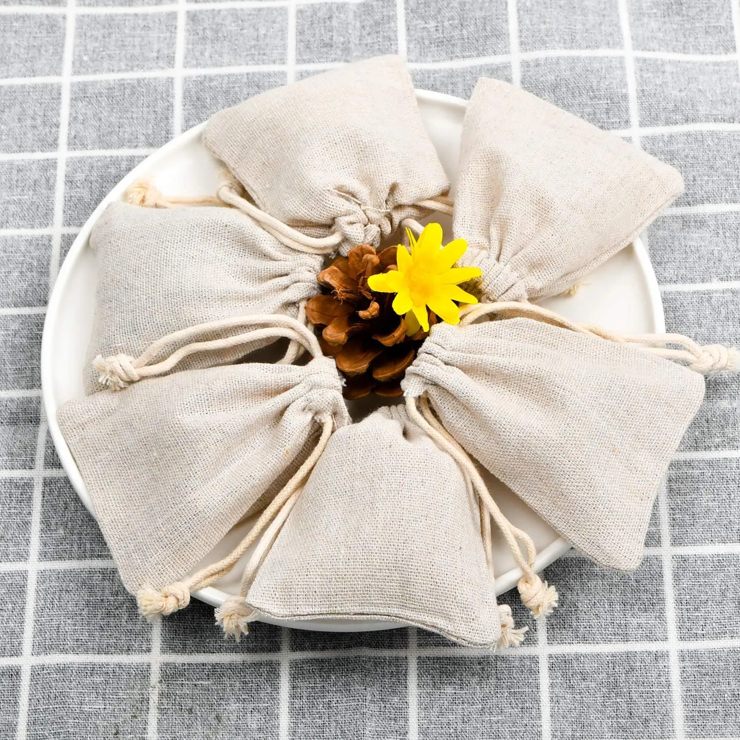 calary 50pcs Double Canvas Drawstring Bag Cotton Pouch Gift Sachet Bags Muslin Bag Reusable Tea Bag