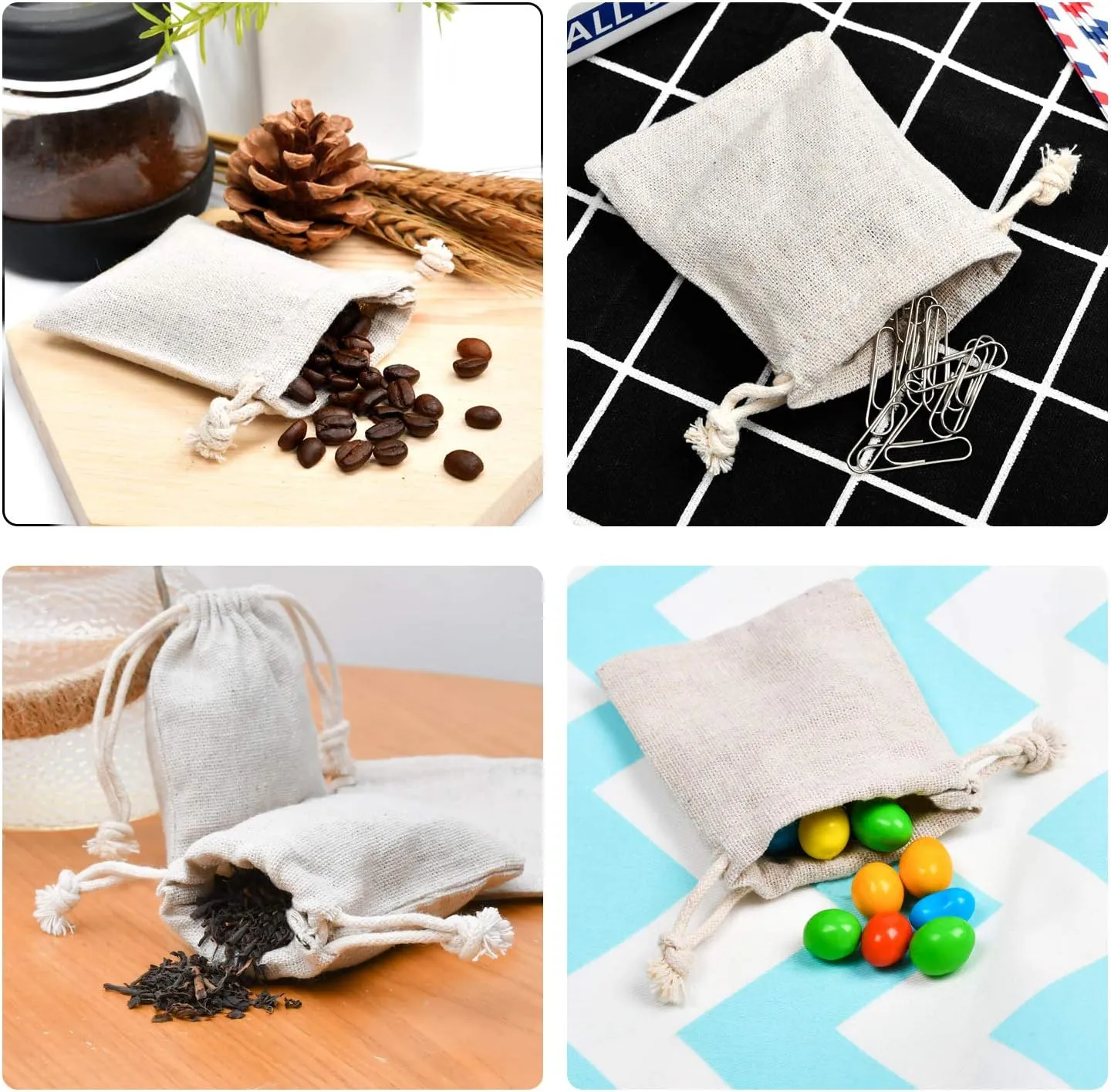 calary 50pcs Double Canvas Drawstring Bag Cotton Pouch Gift Sachet Bags Muslin Bag Reusable Tea Bag