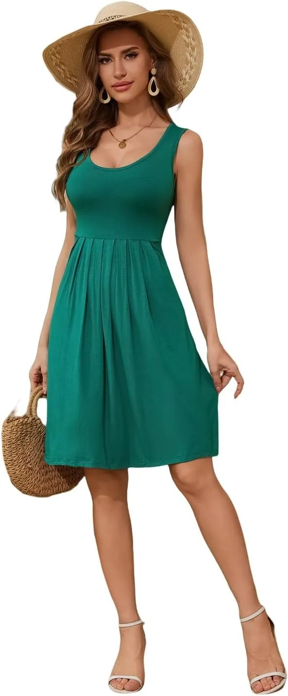 Camisunny Women Casual Loose Tank Dresses Sleeveless Beach Vacation Dress Swing Pleated U Neck Fashion Soft
