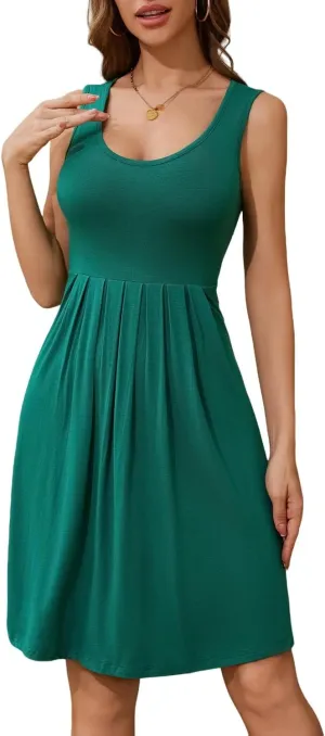 Camisunny Women Casual Loose Tank Dresses Sleeveless Beach Vacation Dress Swing Pleated U Neck Fashion Soft
