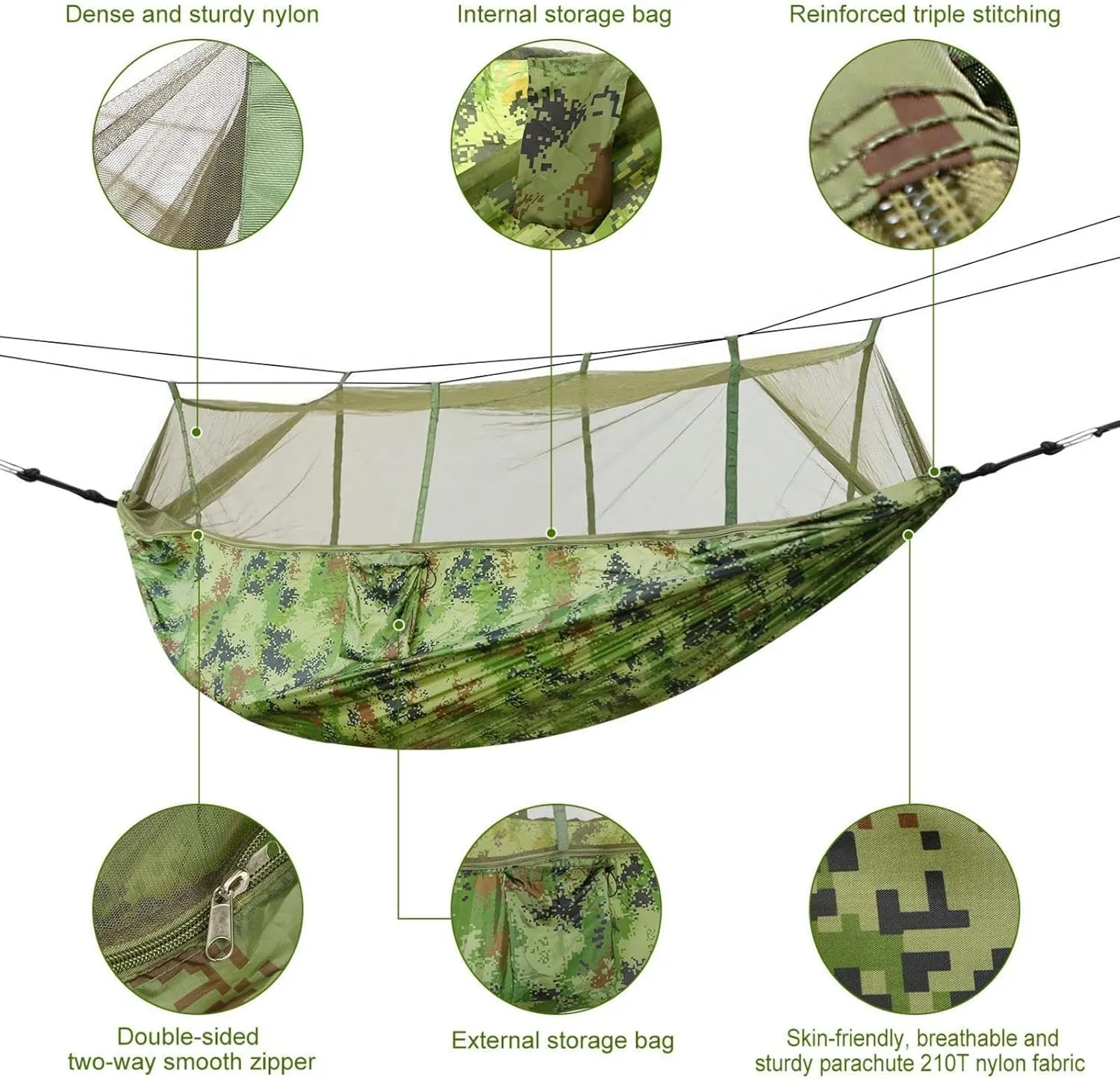 Camping Hammock, Portable Double Hammock with Net,600lbs Load 2 Persons Hammock w/Mosquito Net Outdoor Hiking Camping Hammock Portable Nylon Swing Hanging Bed w/Strap Hook Carry Bag