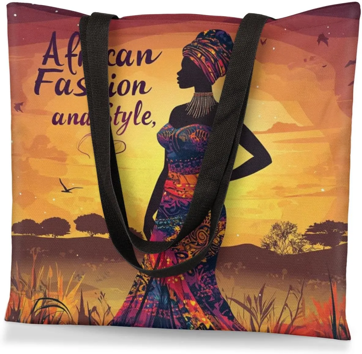 Canvas Tote Bag for Women - Black Girls Large Casual Shoulder Handbag Tote Purse - Reusable Grocery Shopping Bag
