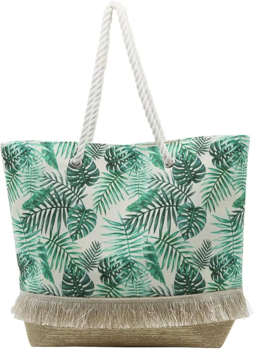 Canvas Tote Bag for Women Large Capacity Tropical Leaves Beach Polyester Cotton Tote Bag Women Shopping Handbag Portable Travel Bags