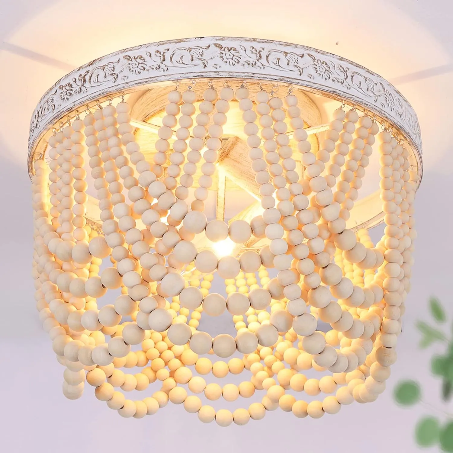 Capslpad Bohemia Wood Beaded Flush Mount Ceiling Light Antique Boho Mini Chandelier Farmhouse Light Fixture for Bedroom Nursery Room Hallway Entryway Foyer,3-Light